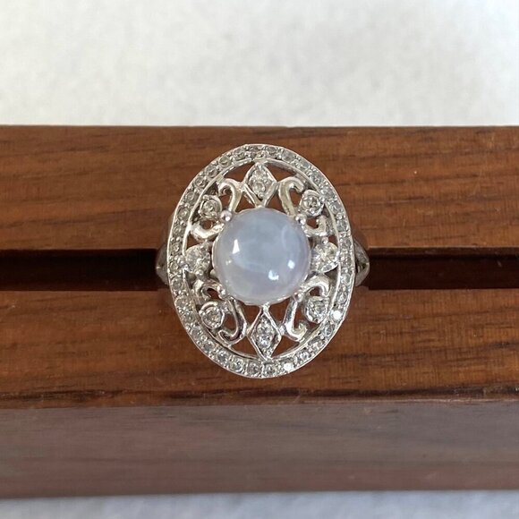 Sterling Silver 925 CFJ Round Moonstone Cabochon Oval Scrollwork Ring Sz 7.75 - Picture 5 of 16